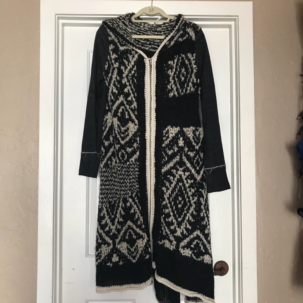 Free People Long Knit Zip up Cardigan w/ Hood